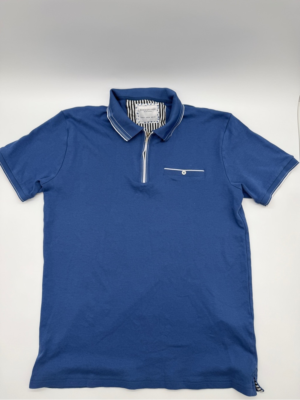 Ricky Singh Men's Medium 1/4 Zip Polo Shirt Royal Blue Stripe Trim Short Sleeve